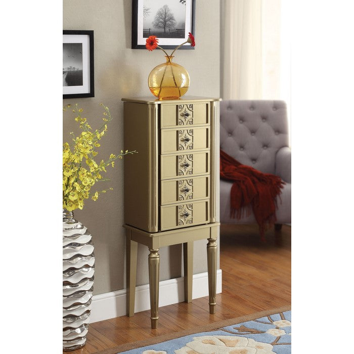 5 Drawer Wooden Jewelry Armoire with Knobs and Fluted Turned Legs, Gold