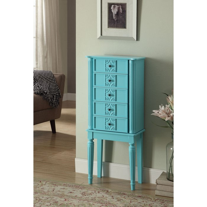 5 Drawer Jewelry Armoire with Flip Top Mirror and Fluted Legs, Blue