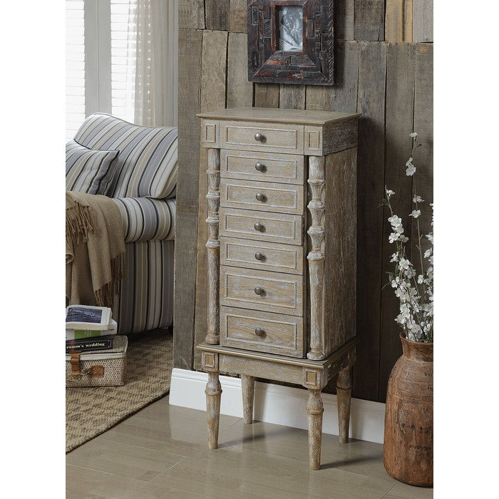 Lift Top Wooden Jewelry Armoire with 6 Drawers, Distressed Brown