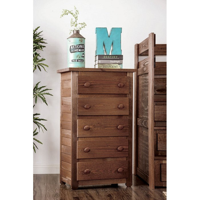Wooden Rustic Style 5 Drawer Chest In Mahogany Finish, Brown