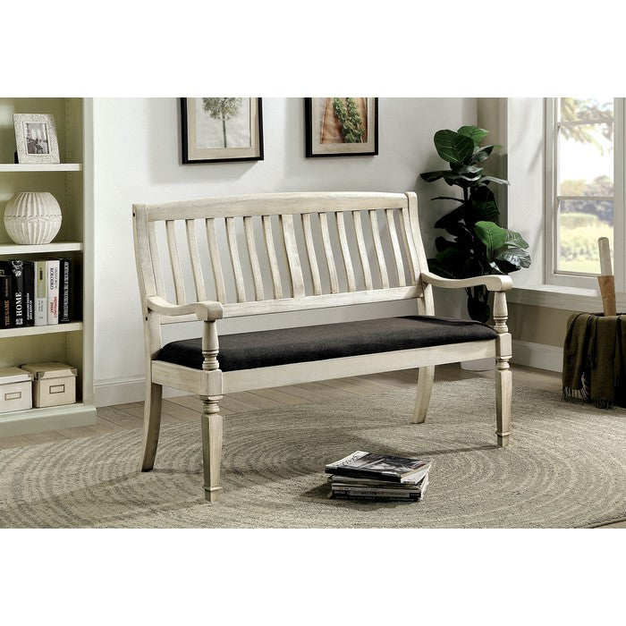 Vintage Rustic Style Wooden Loveseat Bench With Padded Seat, Off-White