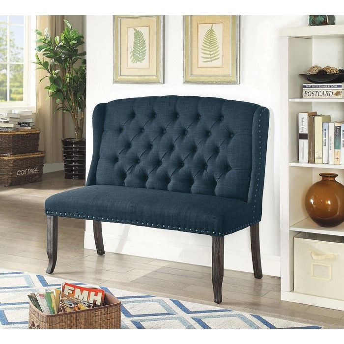 Tufted High Back 2-Seater Love Seat Bench With Nailhead Trims, Blue