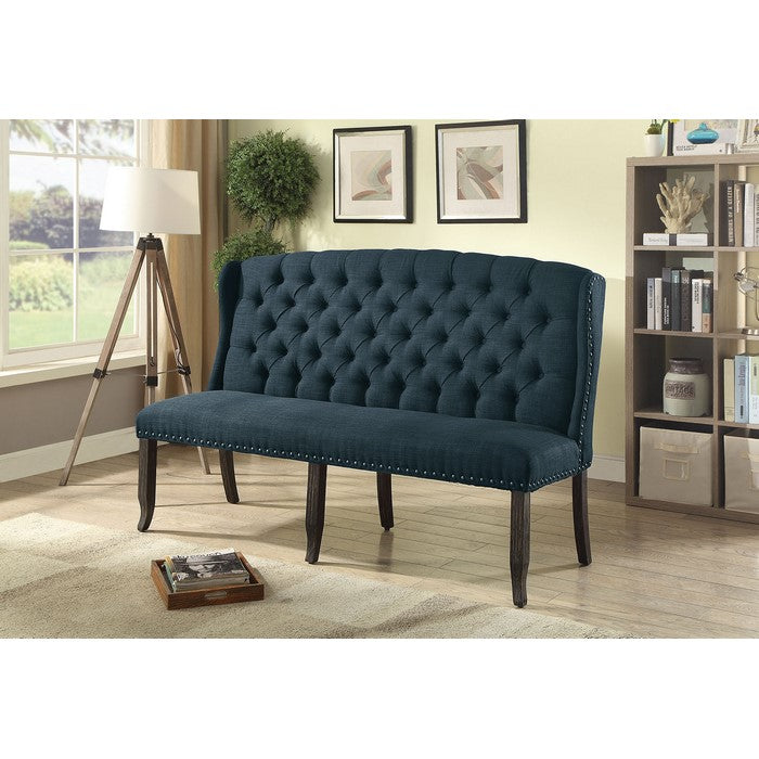 Tufted High Back 3-Seater Love Seat Bench With Nailhead Trims, Blue