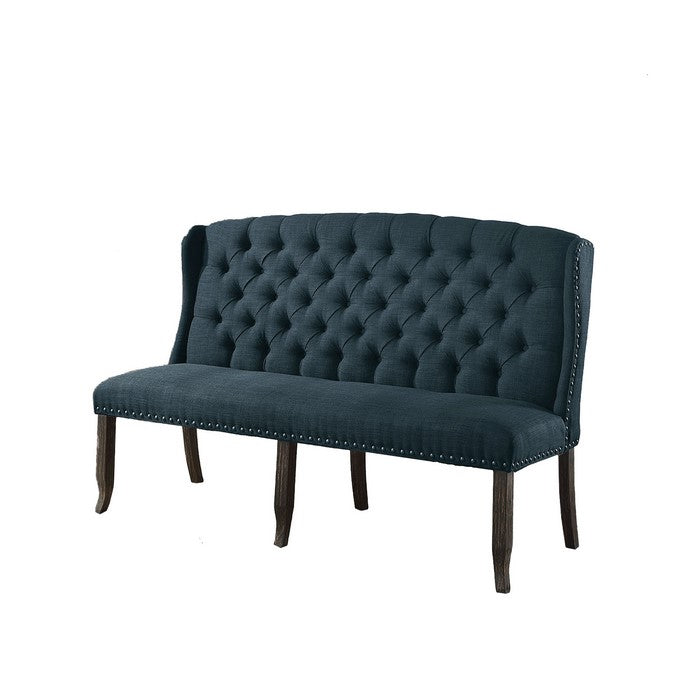 Tufted High Back 3-Seater Love Seat Bench With Nailhead Trims, Blue