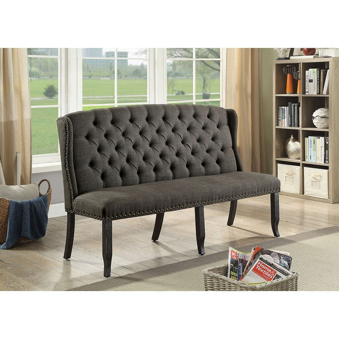 Tufted High Back 3-Seater Love Seat Bench With Nailhead Trims, Gray
