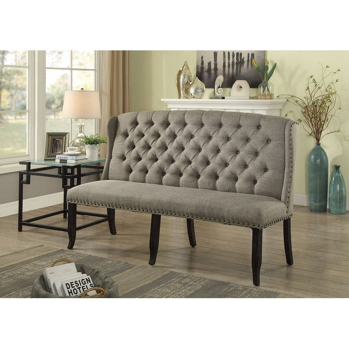 Tufted High Back 3-Seater Love Seat Bench With Nailhead Trims, Light Gray
