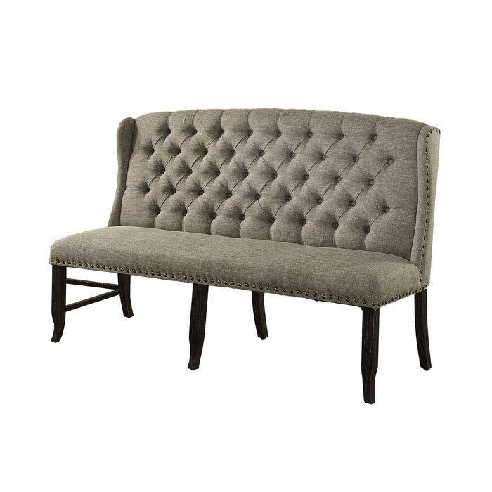 Tufted High Back 3-Seater Love Seat Bench With Nailhead Trims, Light Gray