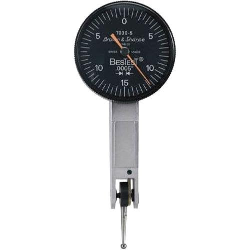 Brown & Sharpe 599-7031-5 Dial Test Indicator Set, M1.4x0.3 Thread, Black Dial, 0-15-0 Reading, 1.5" Dial Dia, 0-0.03 Range, 0.0005" Graduation, -0.0005" Accuracy