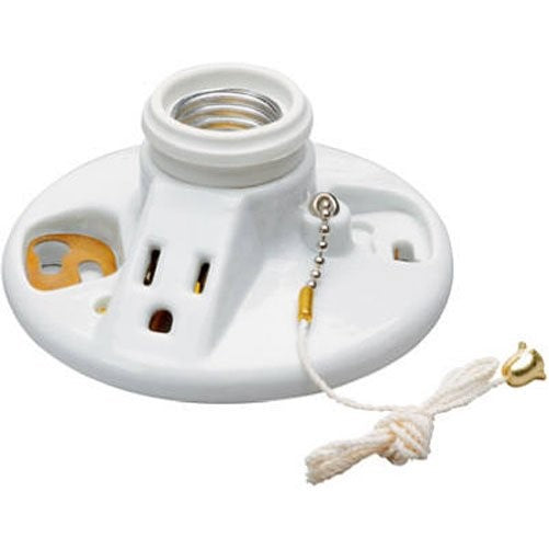 Pass & Seymour 288CC18 Incandescent Porcelain Lamp Holder with Outlet, 250-watt/125-volt, White