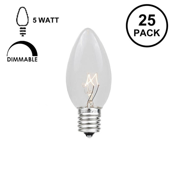 Novelty Lights 25 Pack C7 Outdoor String Light Christmas Replacement Bulbs, Clear, C7/E12 Candelabra Base, 5 Watt