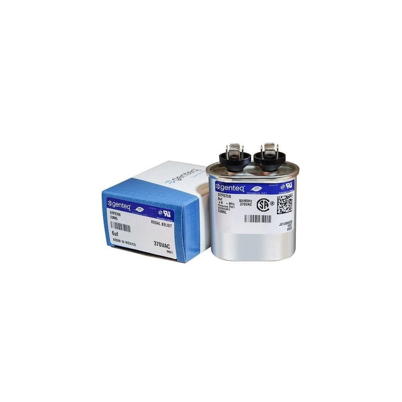 Genteq 97F5706 Capacitor; Polypro Metallized; Cap 6 uF; Tol 6%; Vol-Rtg 370 AC; QC; Motor Run; Oval
