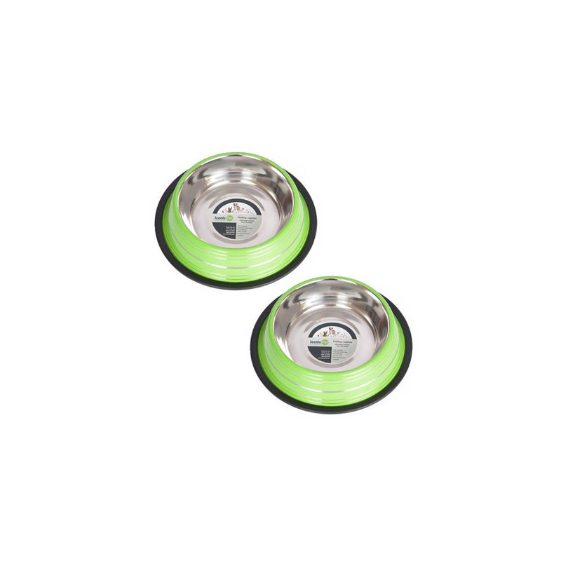 Iconic Pet 2 Cup Color Splash Striped Non-Skid Pet Bowl for Dog or Cat (2 Pack), Green, 16 oz