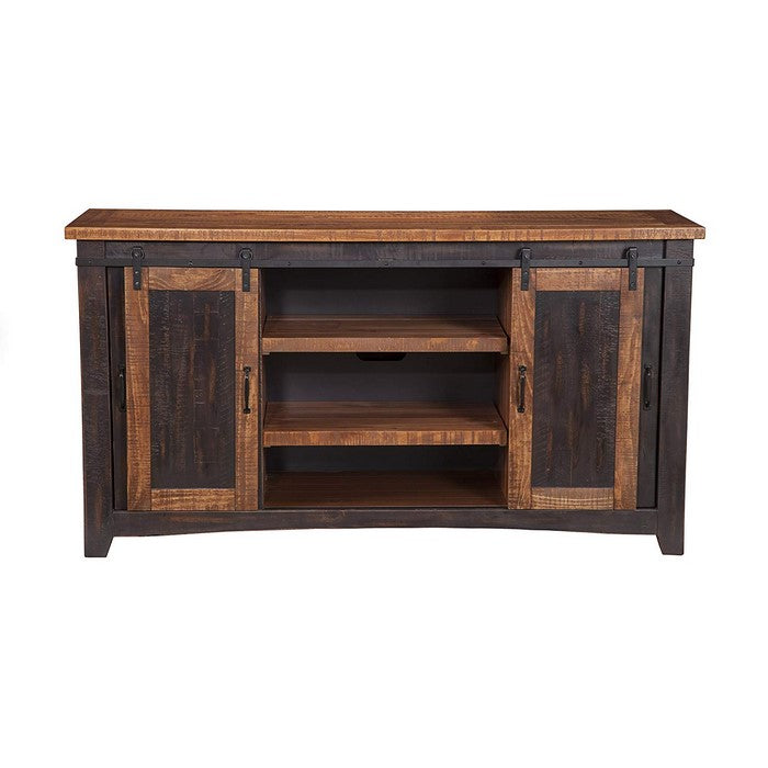 Dual Tone Wood and Metal TV Stand With 2 Mesh Style Doors, Antique Black and Brown