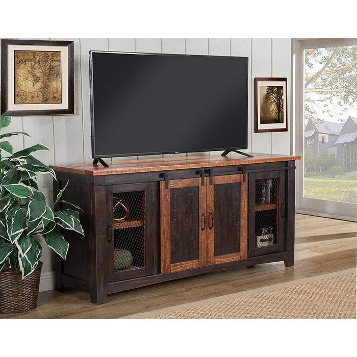 Dual Tone Wood and Metal TV Stand With 2 Mesh Style Doors, Antique Black and Brown