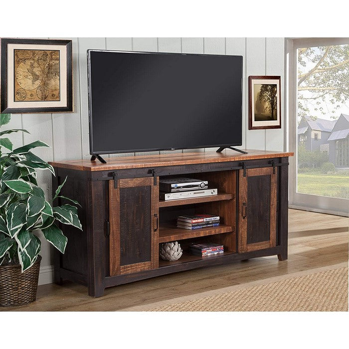 Dual Tone Wood and Metal TV Stand With 2 Mesh Style Doors, Antique Black and Brown