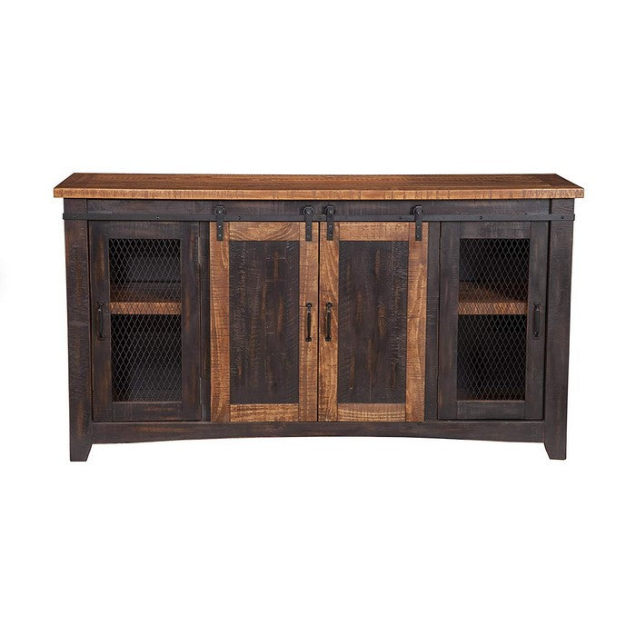 Dual Tone Wood and Metal TV Stand With 2 Mesh Style Doors, Antique Black and Brown