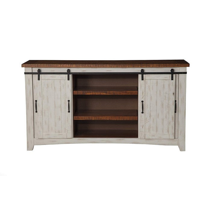 Dual Tone Wood and Metal TV Stand With 2 Mesh Style Doors, White and Brown