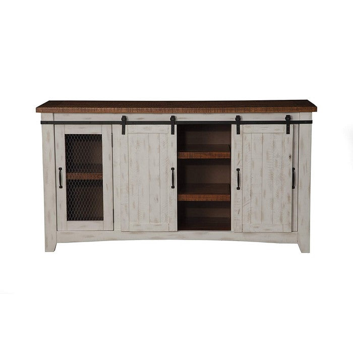 Dual Tone Wood and Metal TV Stand With 2 Mesh Style Doors, White and Brown