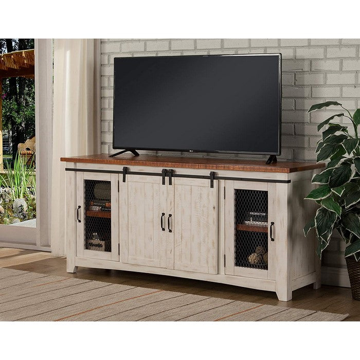 Dual Tone Wood and Metal TV Stand With 2 Mesh Style Doors, White and Brown
