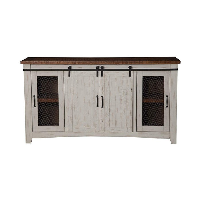 Dual Tone Wood and Metal TV Stand With 2 Mesh Style Doors, White and Brown