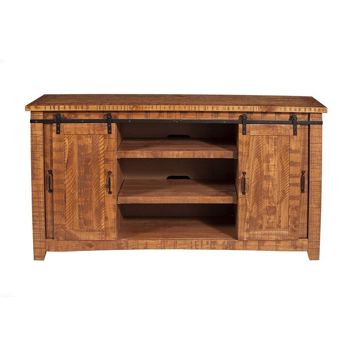 Wood and Metal TV Stand With 2 Mesh Style Doors, Honey Tobacco Brown