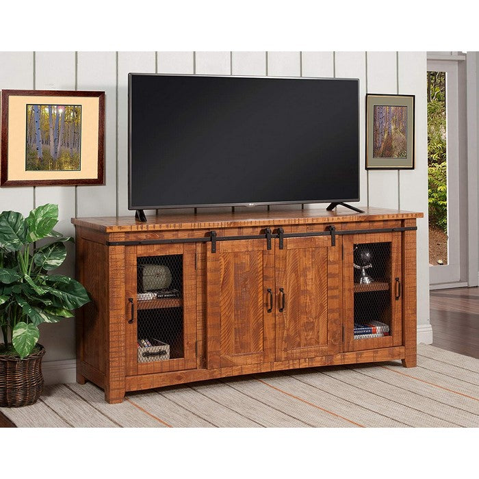 Wood and Metal TV Stand With 2 Mesh Style Doors, Honey Tobacco Brown