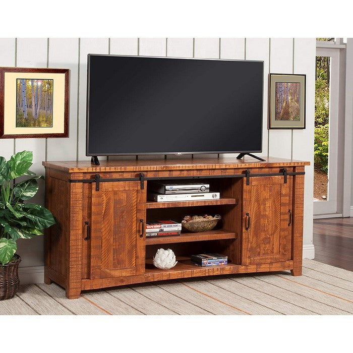Wood and Metal TV Stand With 2 Mesh Style Doors, Honey Tobacco Brown