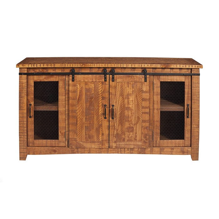 Wood and Metal TV Stand With 2 Mesh Style Doors, Honey Tobacco Brown