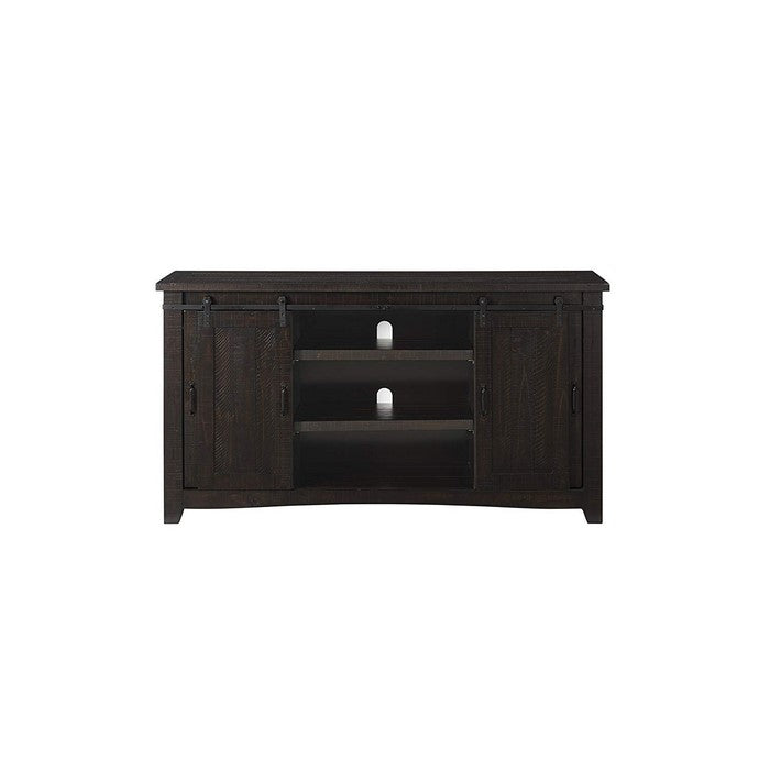 Wood and Metal TV Stand With 2 Mesh Style Doors, Espresso Brown