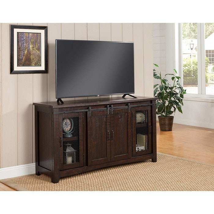 Wood and Metal TV Stand With 2 Mesh Style Doors, Espresso Brown