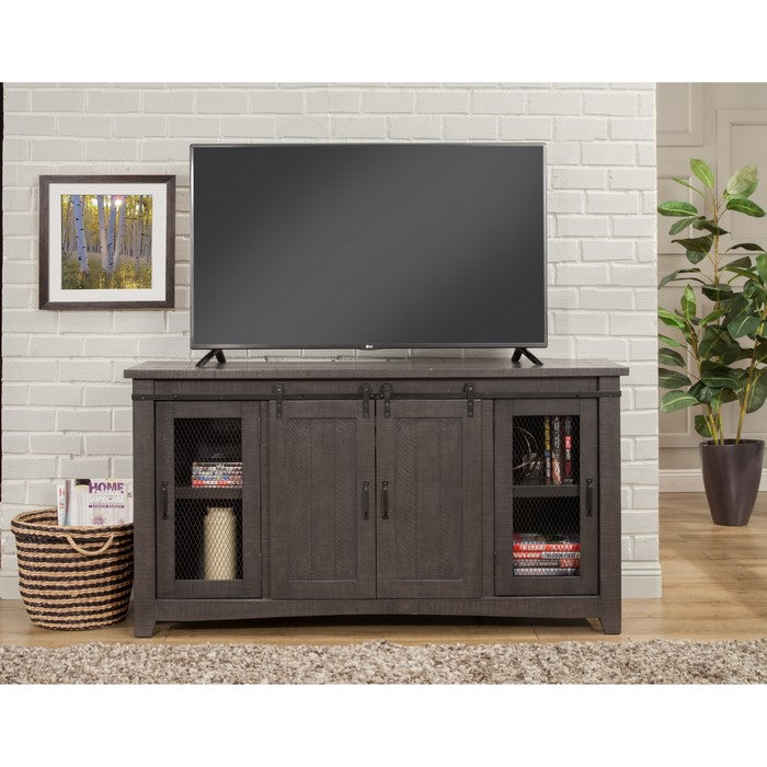 Wood and Metal TV Stand With 2 Mesh Styled Doors, Gray