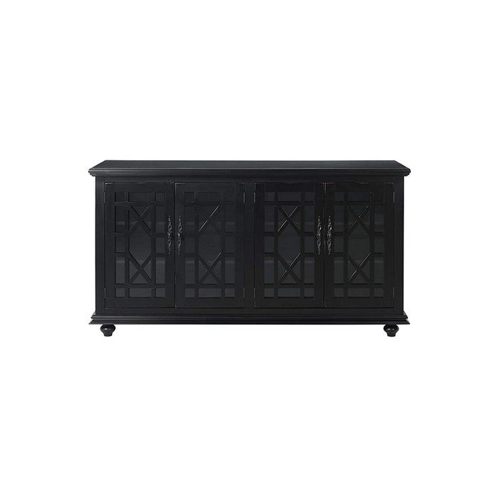 Wooden TV Stand With Trellis Detailed Doors, Antiqued Black