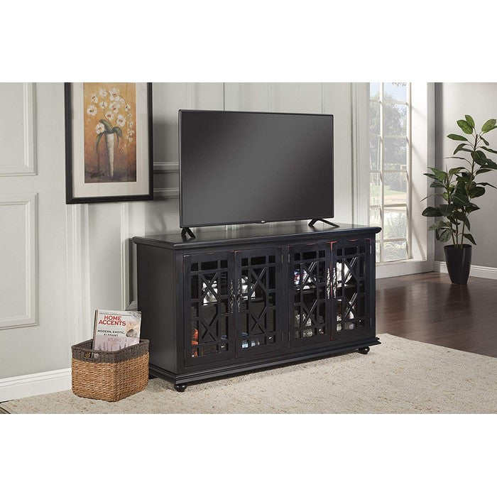 Wooden TV Stand With Trellis Detailed Doors, Antiqued Black