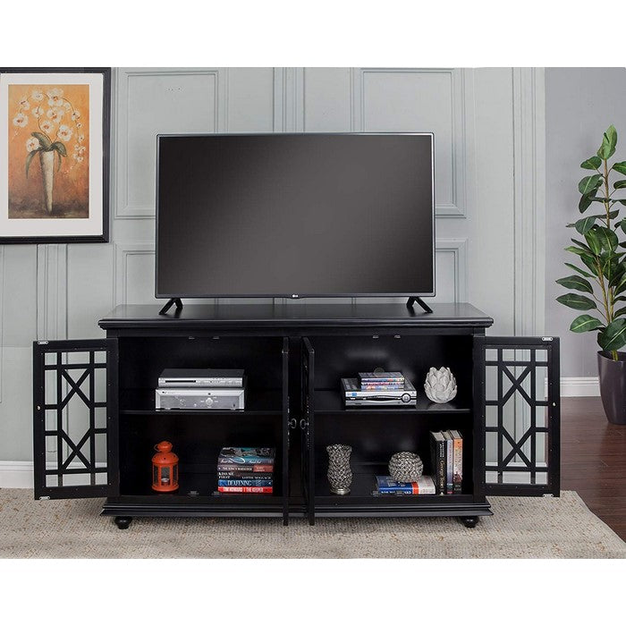 Wooden TV Stand With Trellis Detailed Doors, Antiqued Black