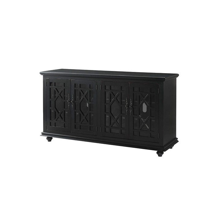 Wooden TV Stand With Trellis Detailed Doors, Antiqued Black