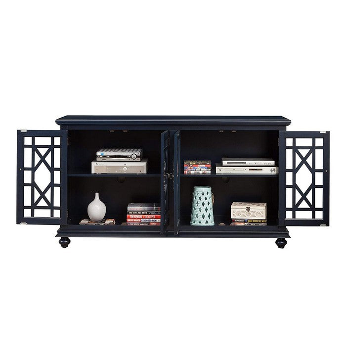 Wooden TV Stand With Trellis Detailed Doors, Blue