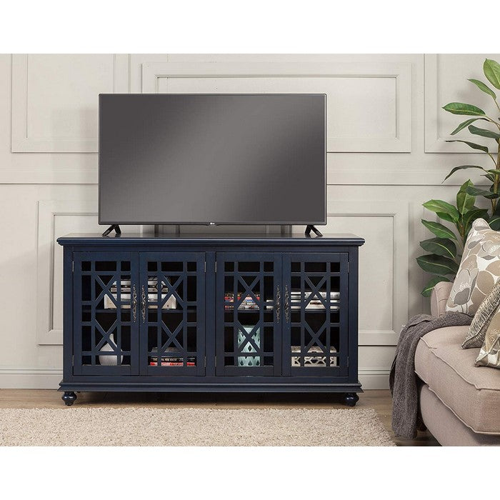 Wooden TV Stand With Trellis Detailed Doors, Blue