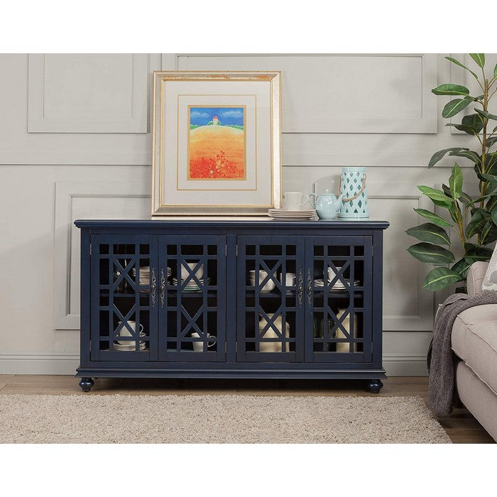 Wooden TV Stand With Trellis Detailed Doors, Blue