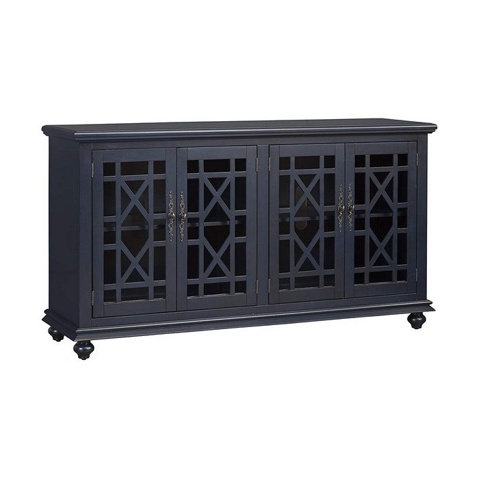 Wooden TV Stand With Trellis Detailed Doors, Blue