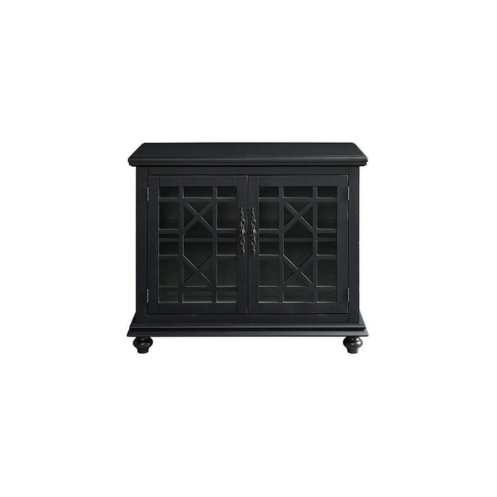 Wooden TV Stand With Trellis Detailed Doors, Antique Black