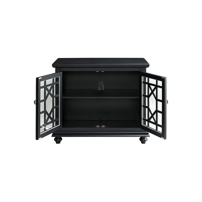 Wooden TV Stand With Trellis Detailed Doors, Antique Black