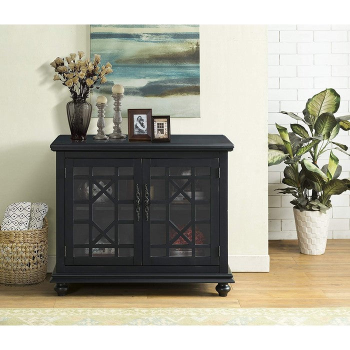 Wooden TV Stand With Trellis Detailed Doors, Antique Black