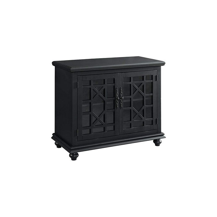 Wooden TV Stand With Trellis Detailed Doors, Antique Black