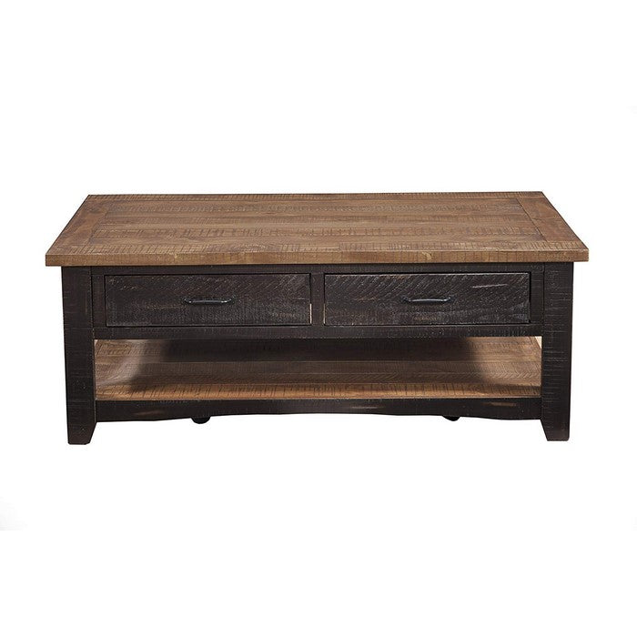 Dual Tone Wooden Coffee Table With Two Drawers, Antique Black and Honey Tobacco Brown