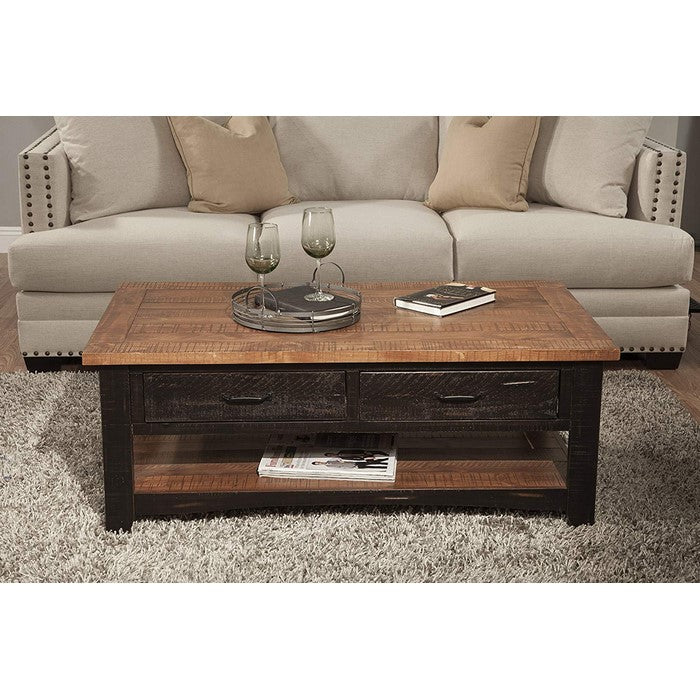 Dual Tone Wooden Coffee Table With Two Drawers, Antique Black and Honey Tobacco Brown