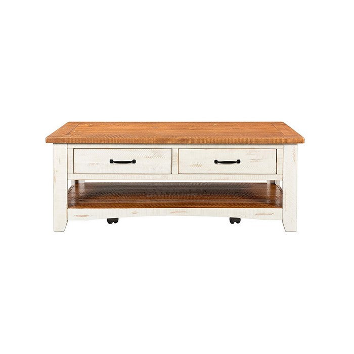 Dual Tone Wooden Coffee Table With Two Drawers, Antique White and Honey Tobacco Brown