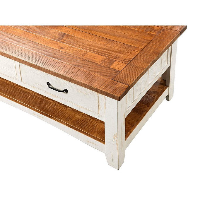 Dual Tone Wooden Coffee Table With Two Drawers, Antique White and Honey Tobacco Brown