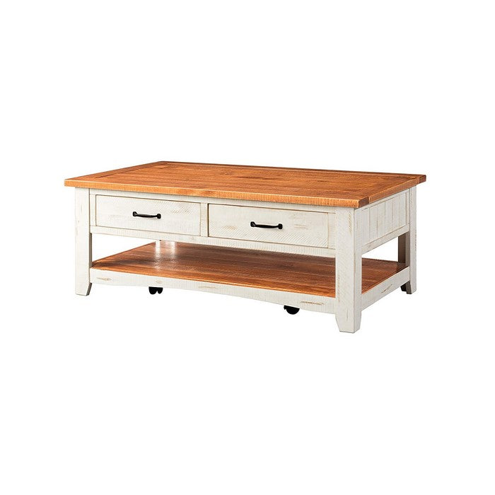 Dual Tone Wooden Coffee Table With Two Drawers, Antique White and Honey Tobacco Brown