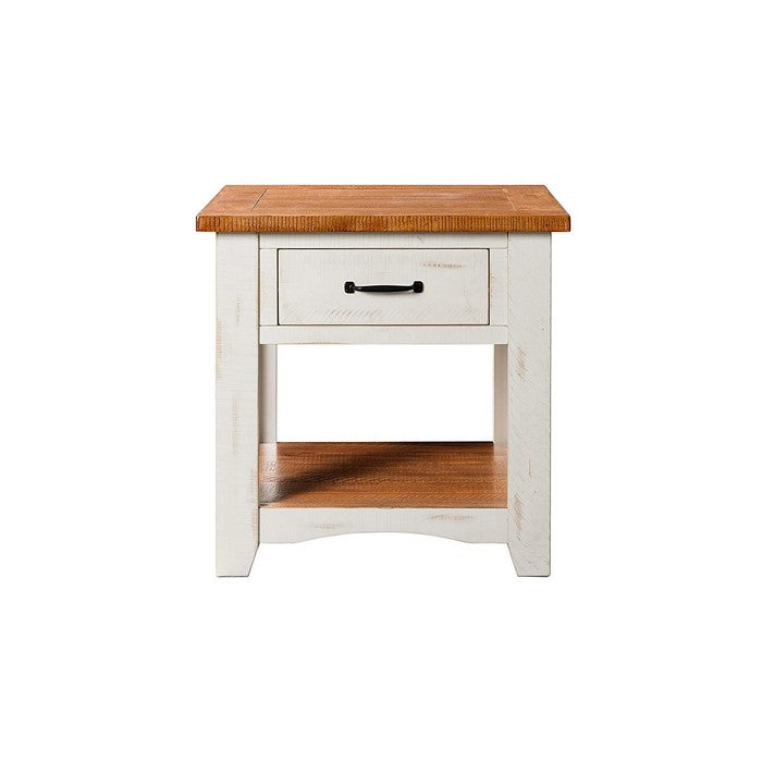 Dual Tone Wooden End Table With 1 Drawer & 1 Shelf, White and Brown