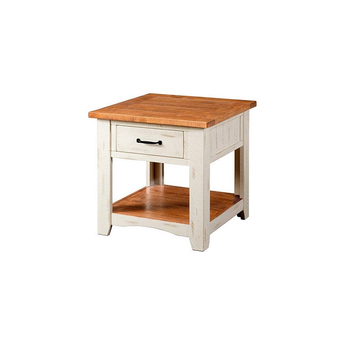 Dual Tone Wooden End Table With 1 Drawer & 1 Shelf, White and Brown